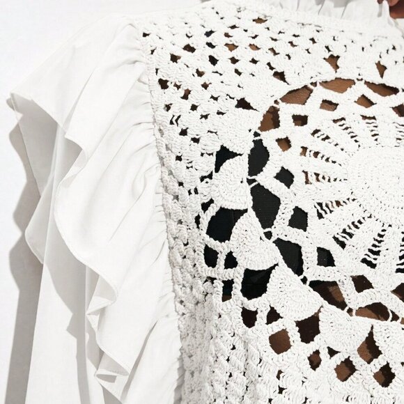 White Casual Women's Apricot Hollow Hook Flower Splicing Ruffles Tops - Picture 5 of 7